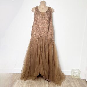 Beaded Bronze brown Sequin Tulle Formal Ball Gown Plus Size 16